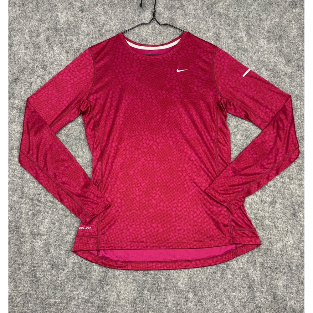 Nike Running Dri-FIT Long Sleeve Shirt Pink Red Dot Pattern Womens Medium